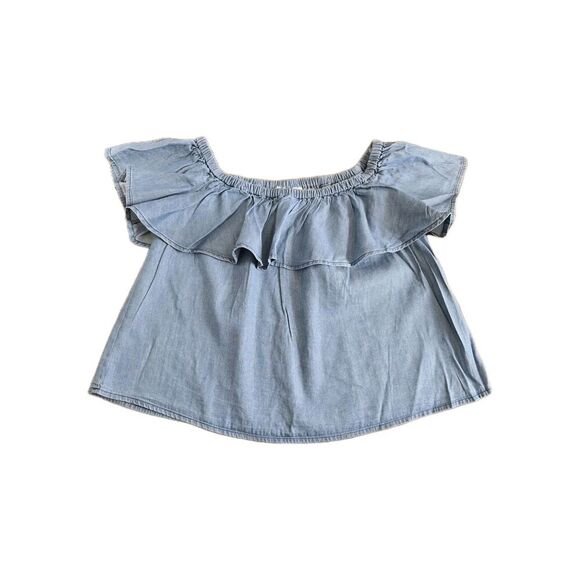 GB Off Shoulder Chambray Top Womens Size Small Ruffle Blue - Picture 2 of 6